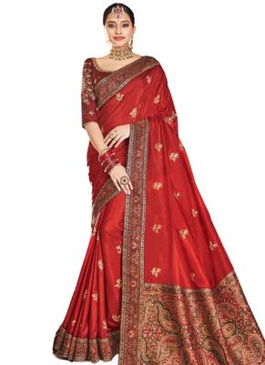 Red embroidered dupion silk saree with blouse 1