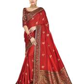Red embroidered dupion silk saree with blouse