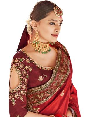 Red embroidered dupion silk saree with blouse 2