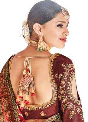 Red embroidered dupion silk saree with blouse 3