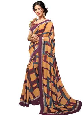 Peach printed dupion silk saree with blouse 1