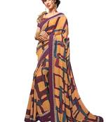Peach printed dupion silk saree with blouse