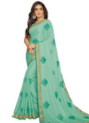 Green printed crepe saree with blouse 1