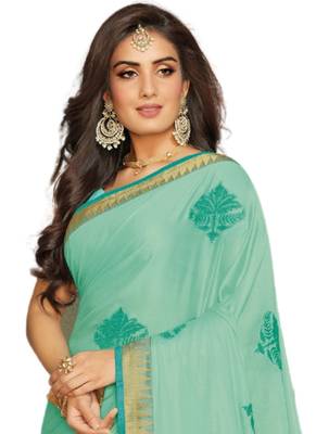Green printed crepe saree with blouse 2