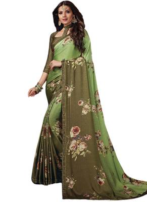 Green printed crepe saree with blouse 1