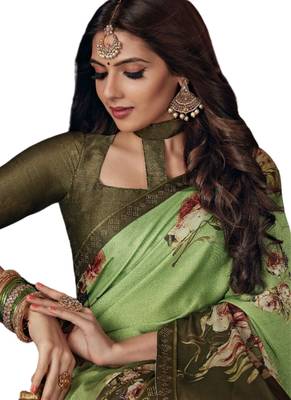 Green printed crepe saree with blouse 2