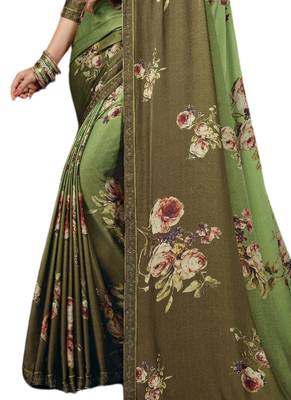 Green printed crepe saree with blouse 3