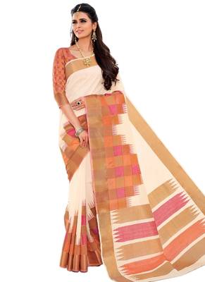 Cream printed dupion silk saree with blouse 1