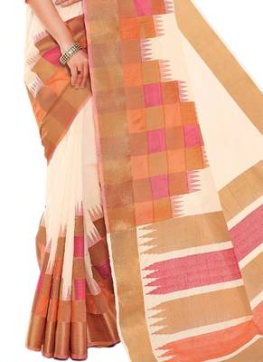 Cream printed dupion silk saree with blouse 3