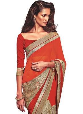 Orange printed georgette saree with blouse 1