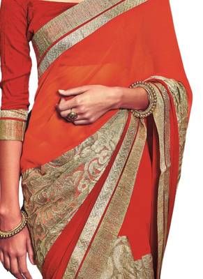 Orange printed georgette saree with blouse 3