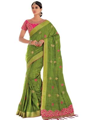 Green embroidered dupion silk saree with blouse 1