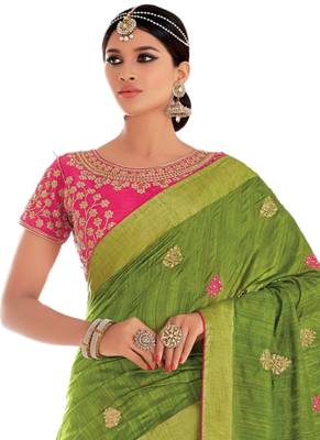 Green embroidered dupion silk saree with blouse 2