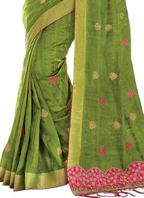 Green embroidered dupion silk saree with blouse 3
