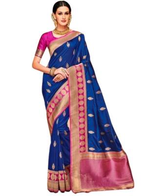 Blue printed jacquard saree with blouse 1