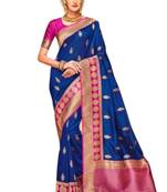 Blue printed jacquard saree with blouse