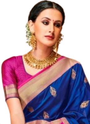 Blue printed jacquard saree with blouse 2