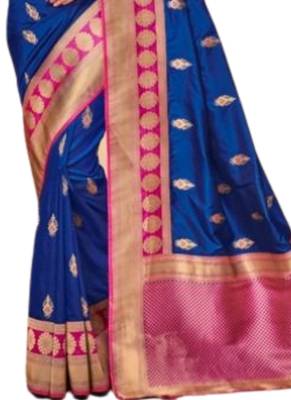 Blue printed jacquard saree with blouse 3