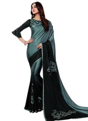 Grey plain art silk saree with blouse 1