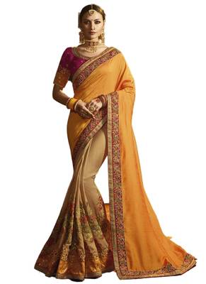 Yellow embroidered satin saree with blouse 1