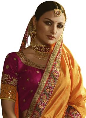 Yellow embroidered satin saree with blouse 2