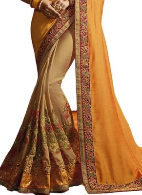 Yellow embroidered satin saree with blouse 3