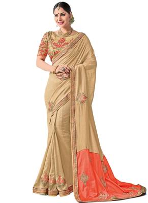 Beige embroidered raw silk saree with blouse 1