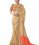 Beige embroidered raw silk saree with blouse