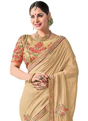 Beige embroidered raw silk saree with blouse 2