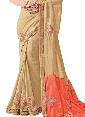 Beige embroidered raw silk saree with blouse 3