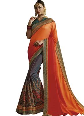 Grey embroidered satin saree with blouse 1
