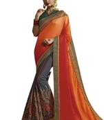 Grey embroidered satin saree with blouse