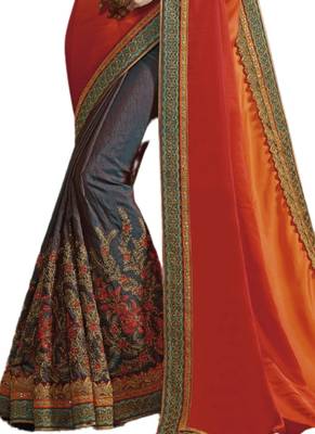 Grey embroidered satin saree with blouse 3