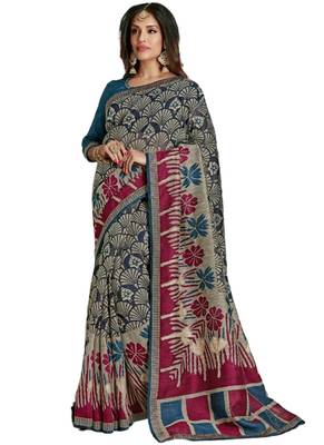 Grey printed chiffon saree with blouse 1