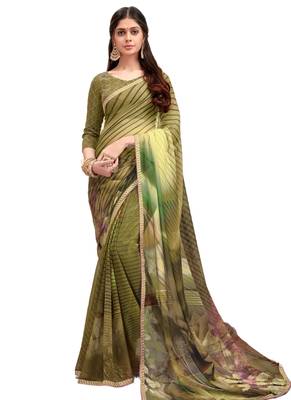 Green printed georgette saree with blouse 1