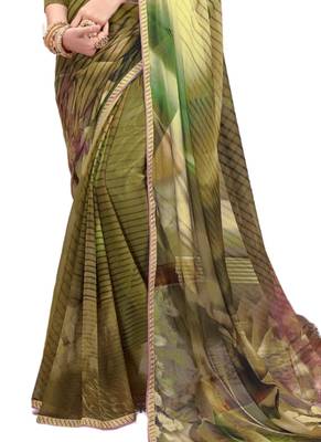 Green printed georgette saree with blouse 3