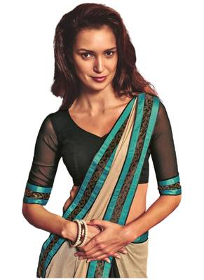 Beige printed georgette saree with blouse 1