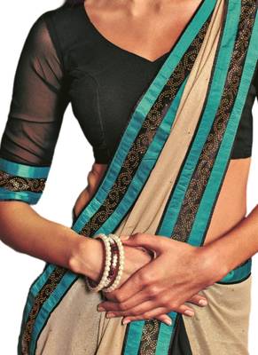 Beige printed georgette saree with blouse 3