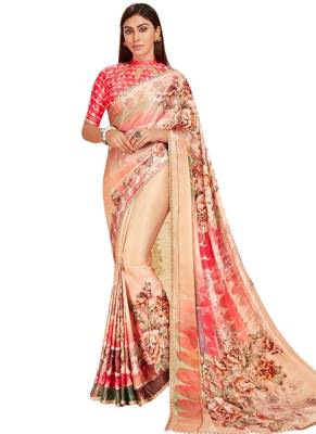 Peach printed crepe saree with blouse 1