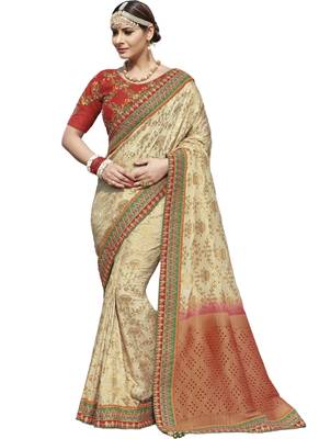 Cream embroidered dupion silk saree with blouse 1