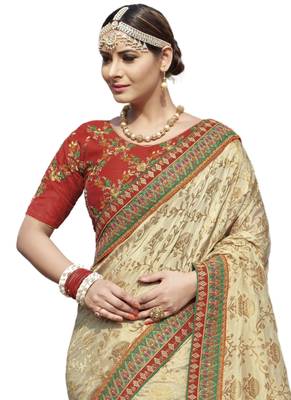 Cream embroidered dupion silk saree with blouse 2
