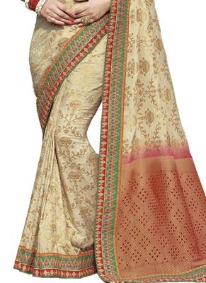 Cream embroidered dupion silk saree with blouse 3
