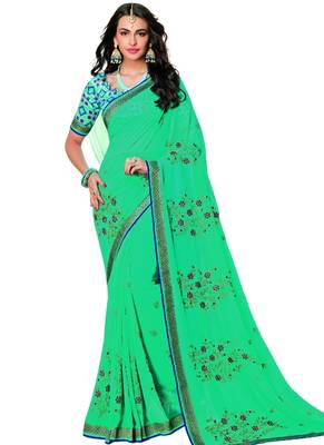 Green printed georgette saree with blouse 1