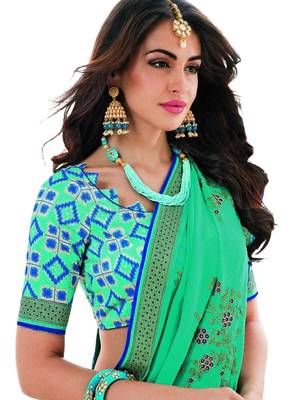Green printed georgette saree with blouse 2
