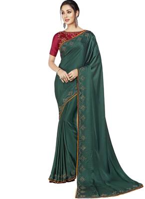 Green printed satin saree with blouse 1