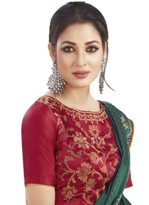 Green printed satin saree with blouse 2