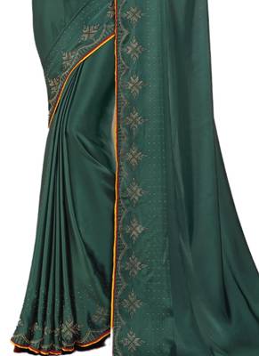 Green printed satin saree with blouse 3