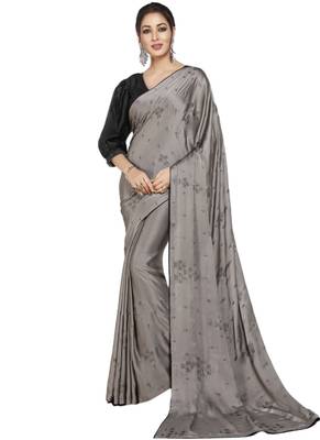 Grey printed satin saree with blouse 1