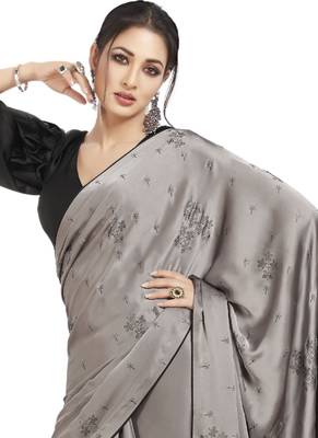 Grey printed satin saree with blouse 2