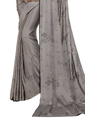 Grey printed satin saree with blouse 3